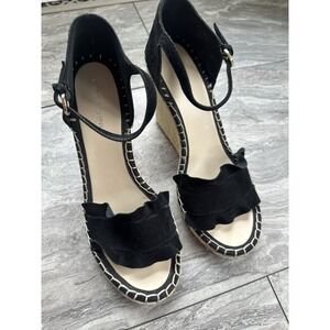 Marc Fisher Mlannie Sandals Women 10M‎ Black Suede Ruffle Espadrille Wedge